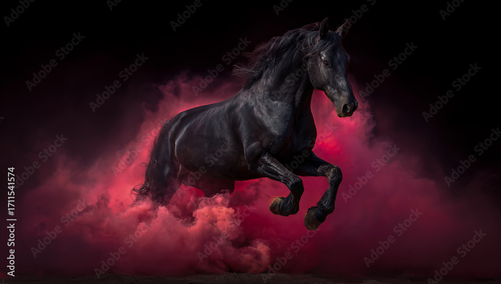 Obraz premium Majestic black friesian horse galloping through clouds of vibrant pink smoke