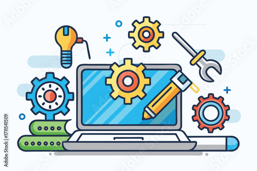 Digital tools and gears illustrate software development process on a computer screen