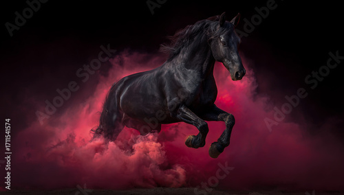 Majestic black friesian horse galloping through clouds of vibrant pink smoke