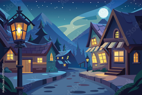 Charming village scene with cozy houses under the night sky and glowing street lamps