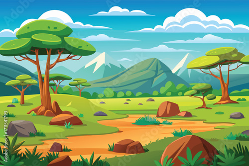 Scenic landscape with lush greenery and mountains under a clear blue sky