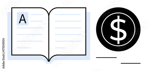 Open book with visible text paired with a dollar coin, blending education and finance concepts. Ideal for learning, investment, publishing, literacy, budgeting, business, teaching and simple flat
