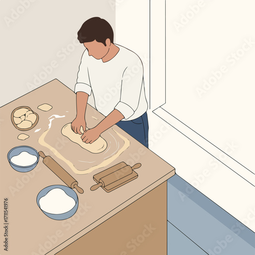 Man kneads dough on a table with bowls of flour and a rolling pin, isometric illustration
