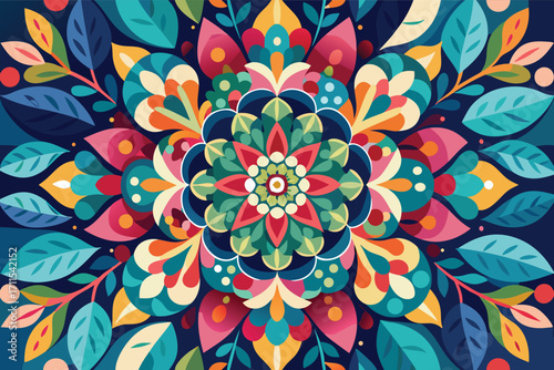Vibrant floral mandala design with colorful leaves and intricate patterns in a symmetrical layout