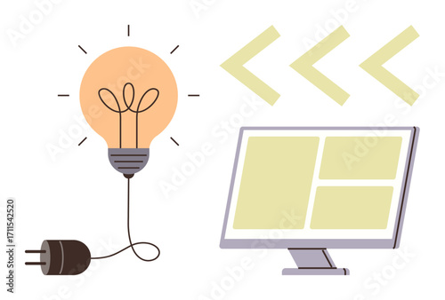 Lightbulb with electric cord, computer monitor with content blocks, and directional chevrons. Ideal for innovation, creativity, technology, brainstorming, digital solutions, teamwork
