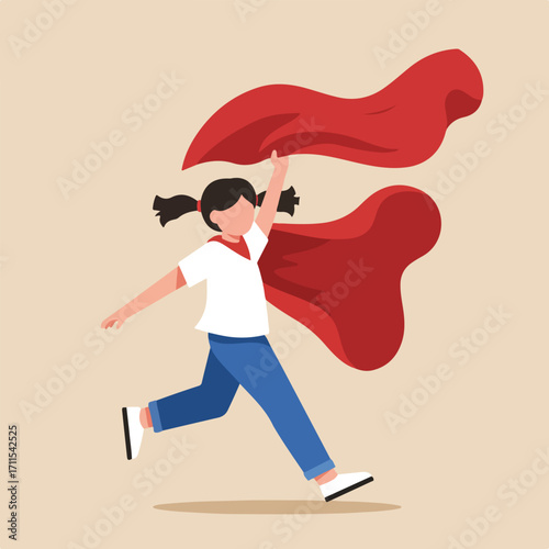 Cartoon girl with pigtails, wearing a red cape and running against a beige background