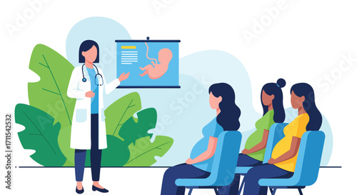 Adobe illustrator artwork vector illustration. A female doctor in a white coat gives a presentation on fetal development to a group of pregnant women. The slide shows a fetus