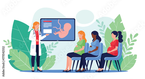 Adobe illustrator artwork vector illustration. A female doctor in a white coat gives a presentation on fetal development to a group of pregnant women. The slide shows a fetus