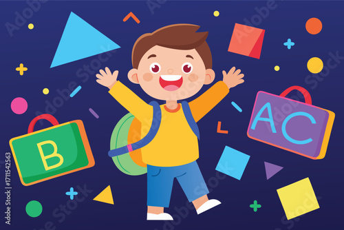 Happy child celebrating education with colorful shapes and letters in a playful environment