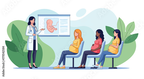 Adobe illustrator artwork vector illustration. A female doctor in a white coat gives a presentation on fetal development to a group of pregnant women. The slide shows a fetus