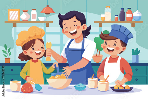 Cooking together in a cheerful kitchen on a sunny day with kids and an adult preparing delicious treats