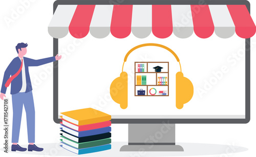Audiobooks store online concept with character.
