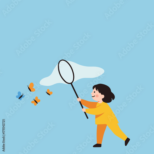 Animated girl catching butterflies with a net against a pale blue sky background