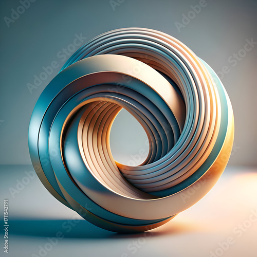 Abstract 3D Render. Intertwined Metallic Spirals in Teal and Gold