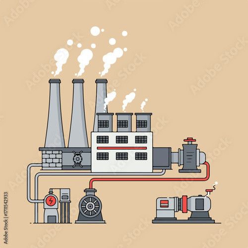 Stylized illustration of a factory emitting steam, with machinery and pipes in neutral tones