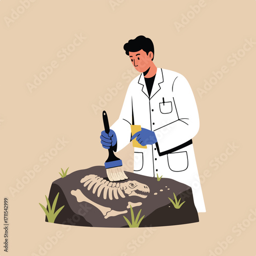 Paleontologist carefully brushes dirt from dinosaur skeleton in soil patch with sparse grass