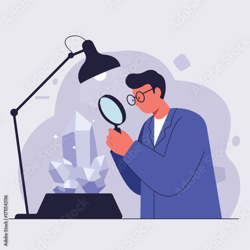 Scientist examines crystal formation under lamp using a magnifying glass for inspection