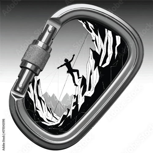 A carabiner with a graphic of a person rappelling down a cliff.
