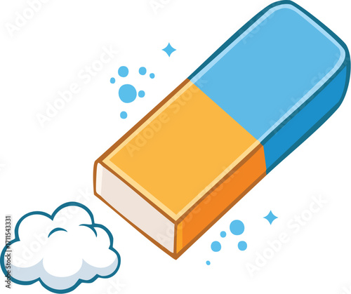 Cartoon eraser with blue and orange sections, removing a cloud of dust, on white background.