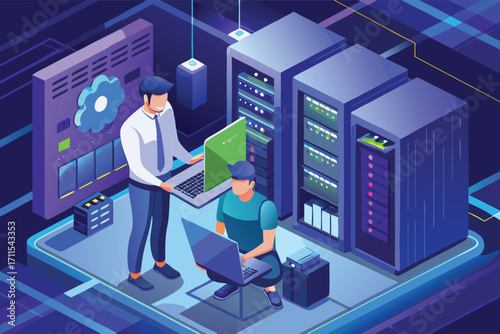 Two professionals working in a modern data center on computers and servers