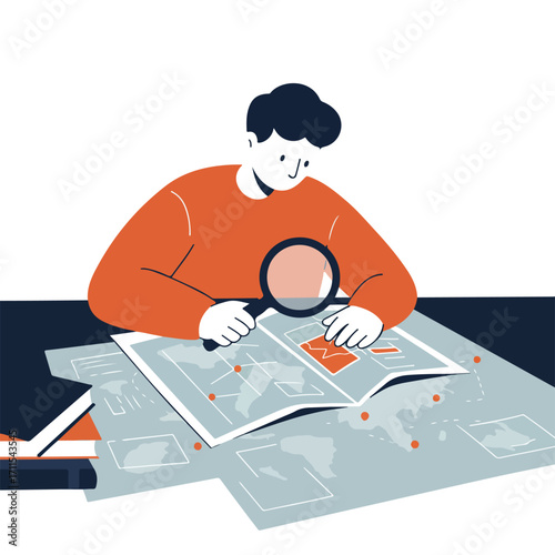 A person examines a world map with a magnifying glass, with books nearby on the desk