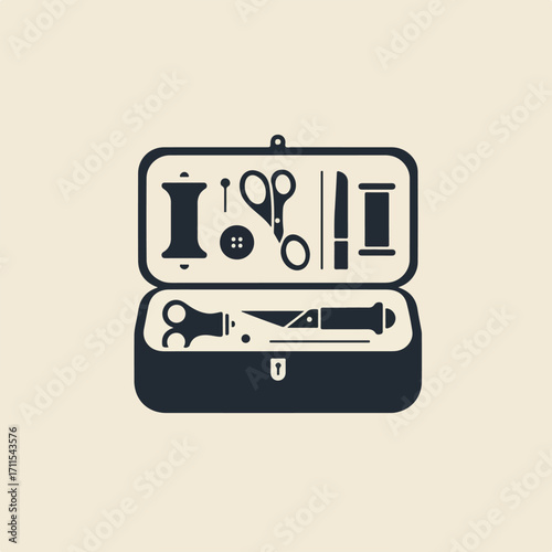 Illustration of a sewing kit box, packed with tools, on a cream-colored background