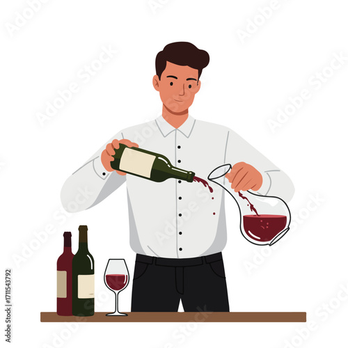 Man in white shirt pouring red wine into a decanter with bottles and a glass on the bar