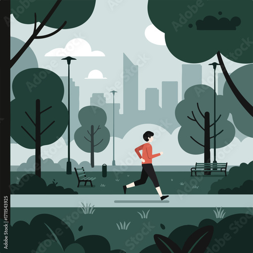 Illustration of a man jogging in a park with cityscape, trees, benches, and lamp posts