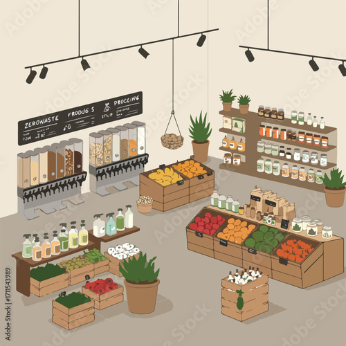 Illustrated store with grains, produce, household cleaners, and canned goods on shelves and bins