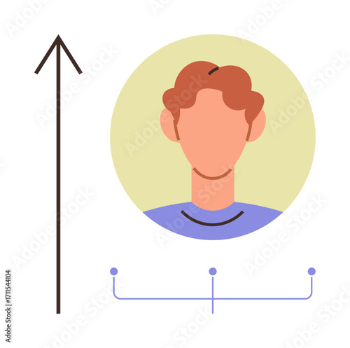 Human face within a circular frame, upward arrow symbolizing progress, dotted connectors below. Ideal for leadership, career growth, development, success, motivation, self-improvement education