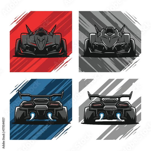 Four stylized illustrations of a futuristic sports car, two front views and two rear views, with vibrant backgrounds.