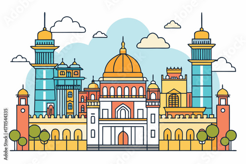 Colorful architecture of a historical monument surrounded by trees and clouds in a bright sky