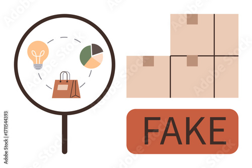 Magnifying glass focusing on a bag, lightbulb, and pie chart, symbolizing analysis of counterfeit goods. Adjacent stacked boxes and FAKE label emphasize fraud prevention. Ideal for product