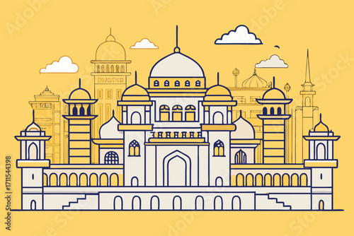 Majestic architectural design featuring a grand palace with traditional elements and city skyline backdrop