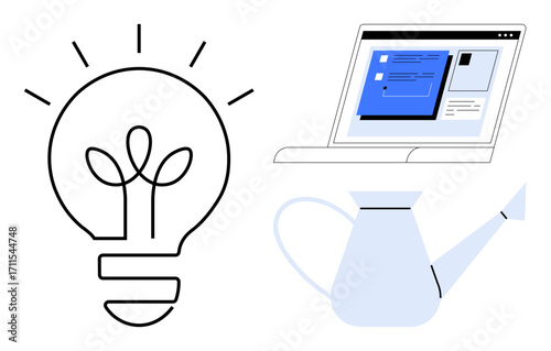 Light bulb representing creativity, laptop for productivity, and a watering can for growth and nurturing. Ideal for brainstorming, innovation, learning, teamwork, strategy, and progress concepts