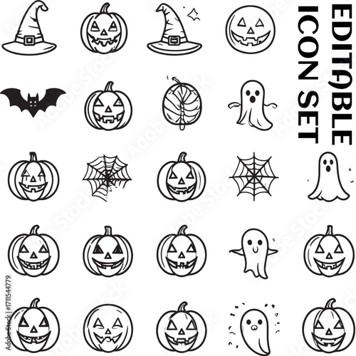 Halloween Icon Set – Pumpkin, Ghost, Spider Web, Bat, Witch Hat