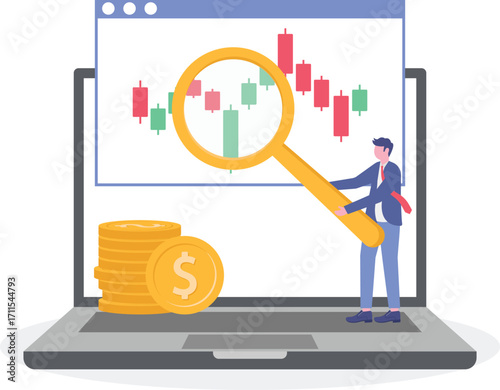 Flat illustration of businessman analyzing stock market trends using magnifying glass on digital screen investment decision making

