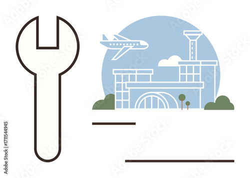 Wrench beside an airport terminal with control tower and flying airplane. Ideal for aviation, infrastructure, engineering, repair, maintenance, construction, logistics themes. Simple flat metaphor