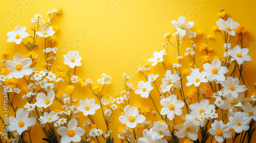 White and yellow spring flowers on yellow background