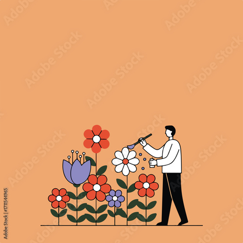 Stylized man watering flower garden with a long spoon on a peach-colored backdrop
