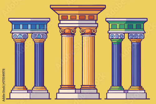 Colorful illustration of classic columns representing ancient architectural styles in a vibrant background