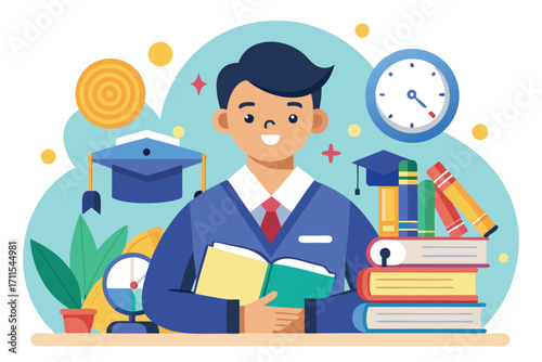 Student studying with books and school supplies in a bright and colorful setting