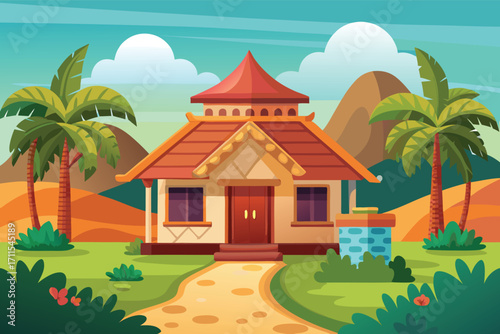 Bright tropical house surrounded by lush greenery and mountains in a sunny landscape