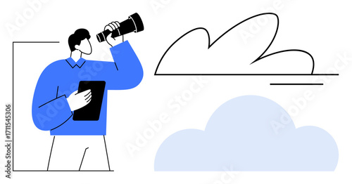 Man holding tablet and looking through telescope at clouds. Ideal for exploration, vision, planning, strategy, forecasting, innovation, and sky-gazing concepts in simple flat metaphor