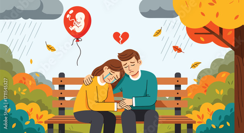 Adobe illustrator artwork vector illustration. A grieving couple sits on a park bench under a stormy sky with falling leaves, symbolizing miscarriage or infertility