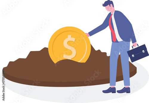 Flat illustration of hand planting coins in ground or soil investments nurturing savings
