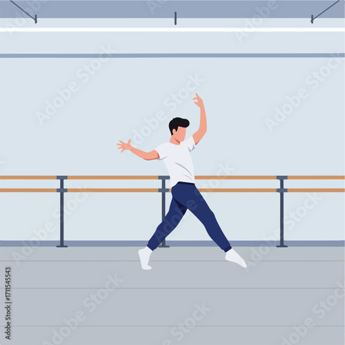 A male figure dances in a studio with a ballet barre in front of a muted grey backdrop