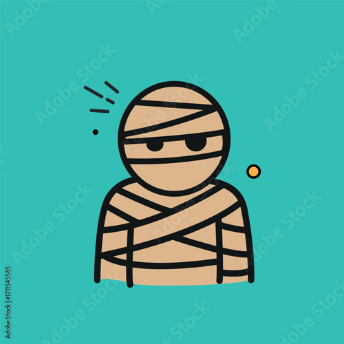Mummy wrapped in bandages against a teal background suitable for halloween designs, spooky concepts, themed events, and festive decorations.