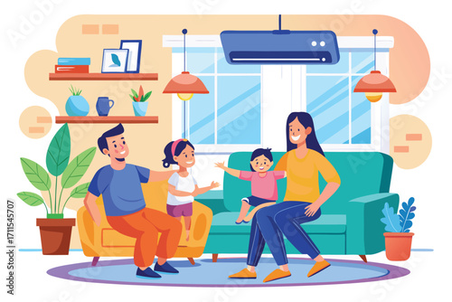 Family enjoying quality time together in a cozy living room with bright decor and indoor plants