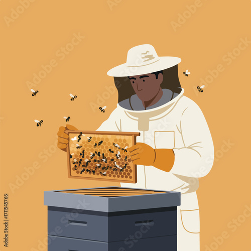 Beekeeper in suit inspecting honeycomb from the hive on a neutral background